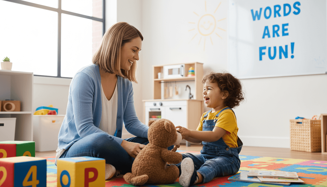 Speech therapist engaging with a child in a bright therapy room