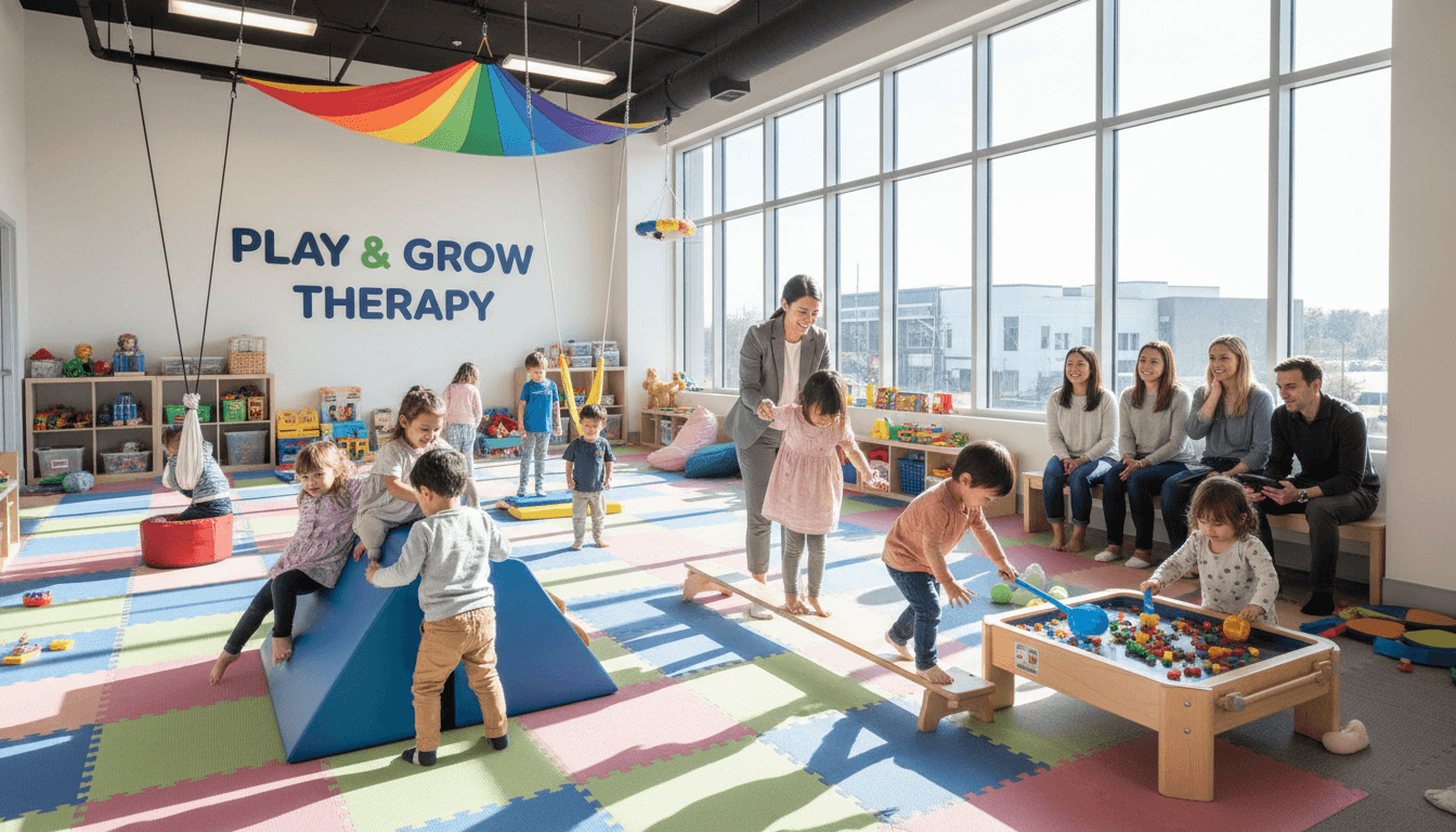 Speech-language pathologist engaging with a young client in a warm therapy setting