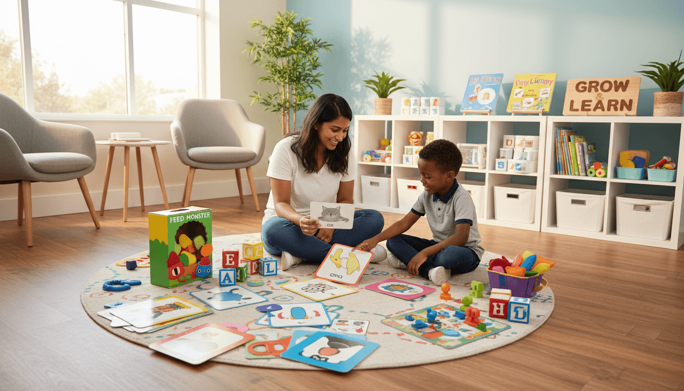 Speech therapist working with a young child in a bright therapy room with toys and books